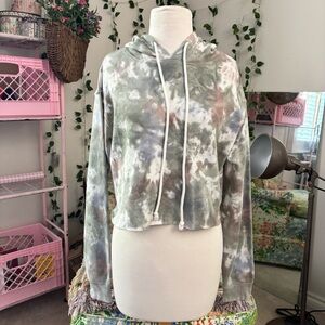 Wild Fable Tie Dye Cropped Hoodie Green Neutral Wash Soft Cozy Sweatshirt XS